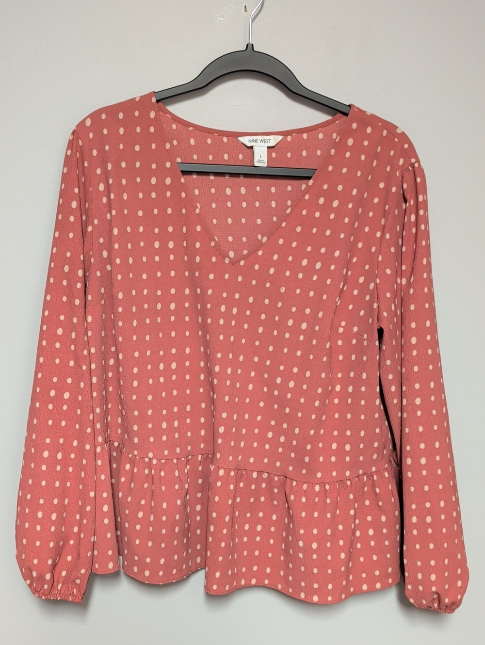 Nine West Coral Polka Dot Peplum Long Sleeve Dress